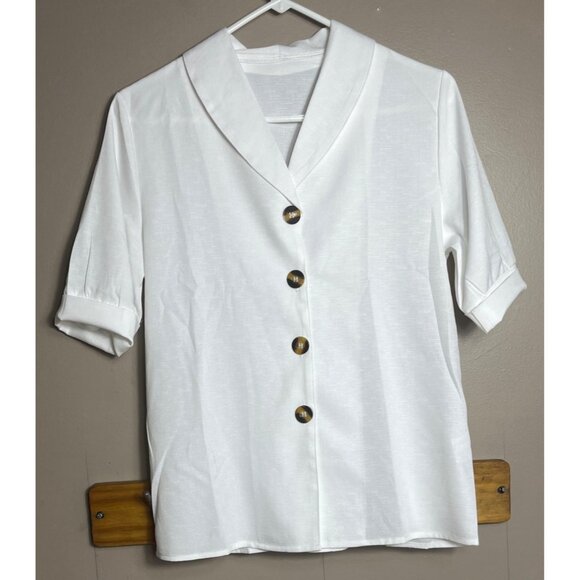 New Retro Blouse Button Up Shirt Poly Basic 50s Classic Top Womens S - Picture 10 of 11
